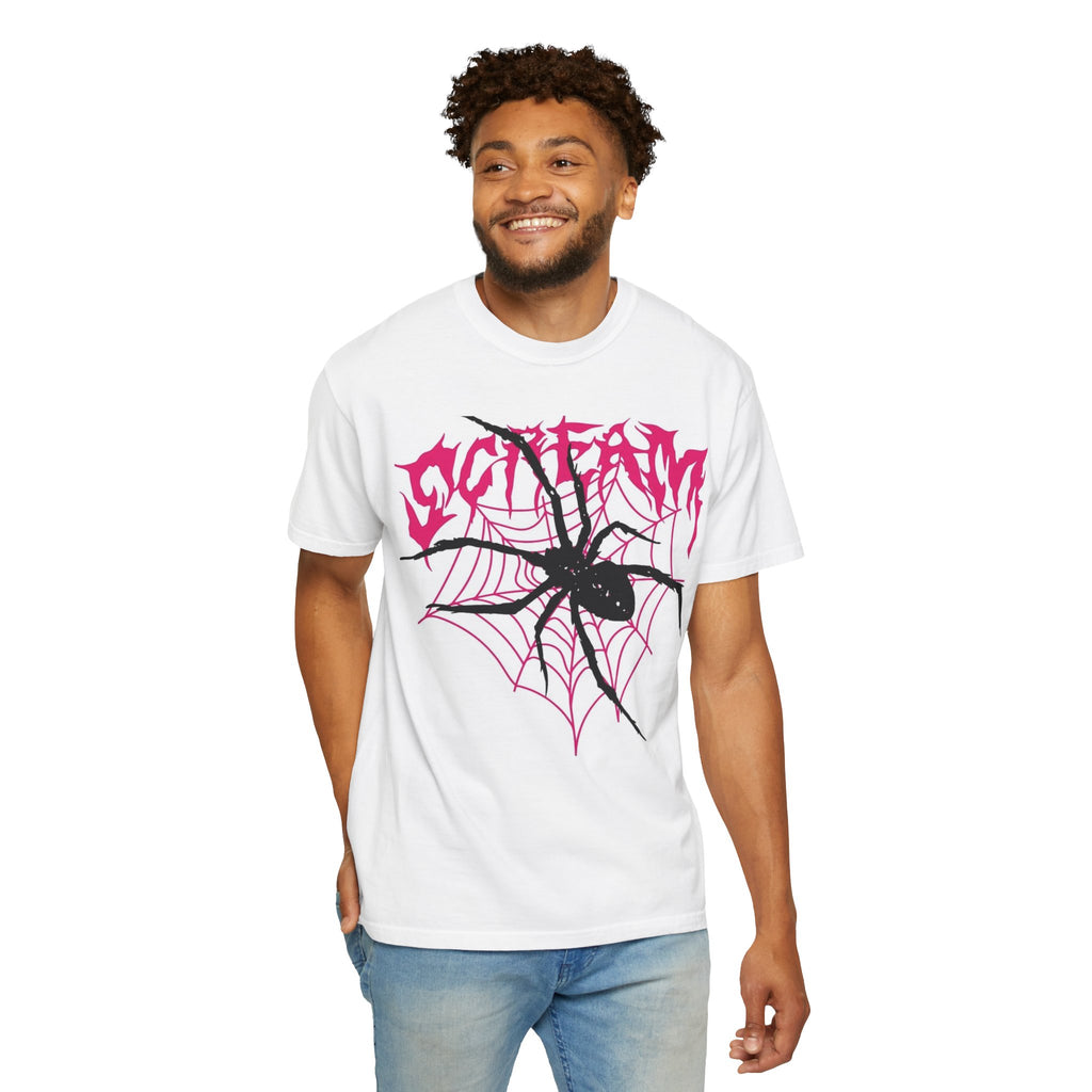 Spider Web Graphic T-Shirt — Bold Pink Spider Design