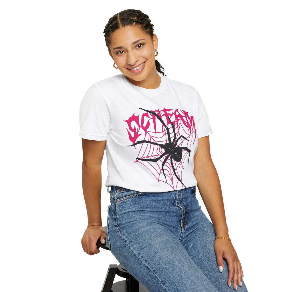 Spider Web Graphic T-Shirt — Bold Pink Spider Design