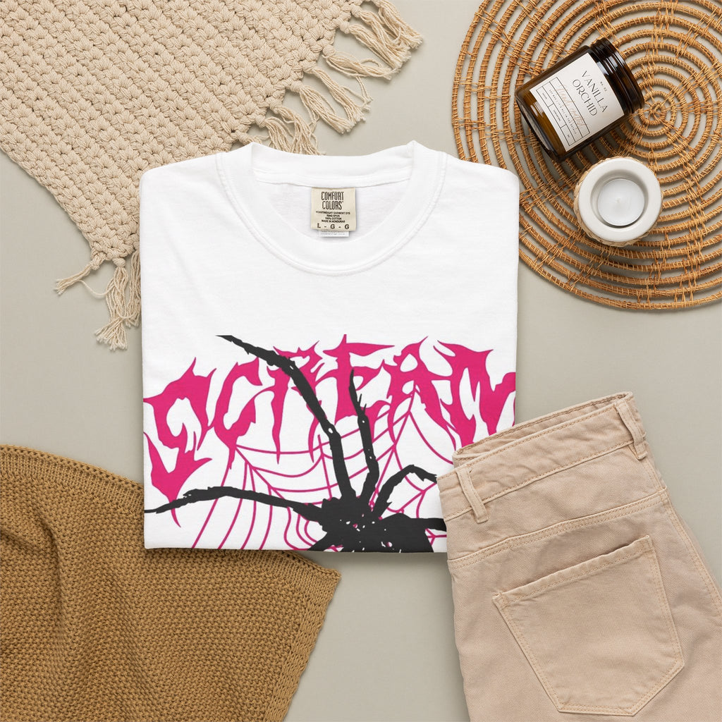Spider Web Graphic T-Shirt — Bold Pink Spider Design